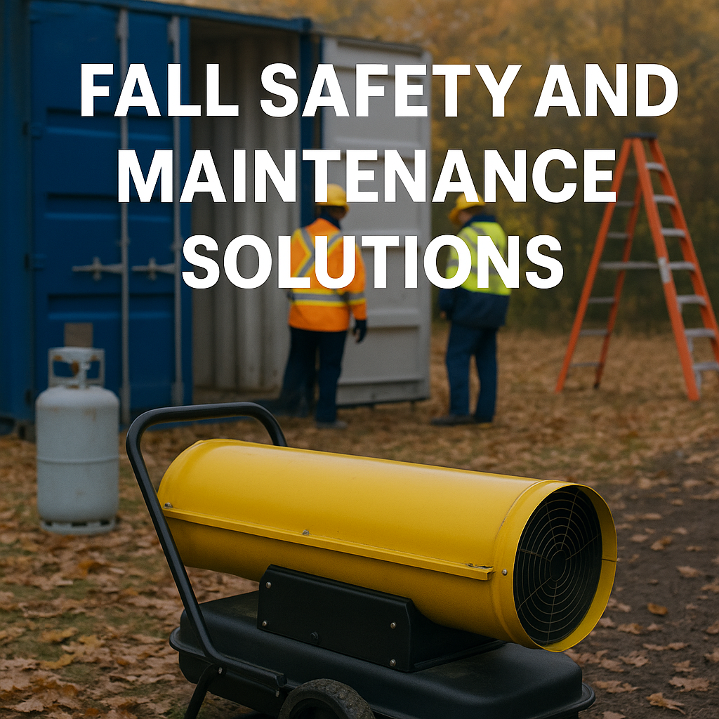 Worker in reflective insulated jacket and hard hat standing beside portable heater with autumn leaves on ground